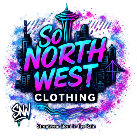 The So North West Clothing mark: the brand name over the Seattle skyline, with the line Streetwear Born in the Rain