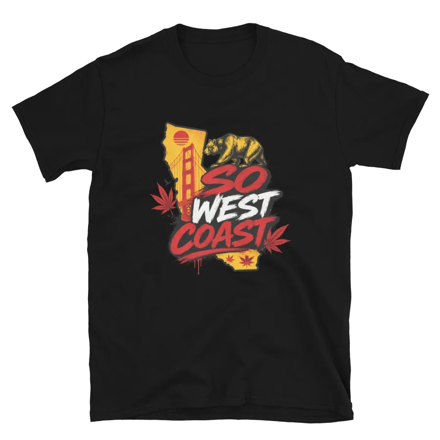 Golden State of Mind: So West Coast Premium Tee: front of the black premium tee showing the printed graphic