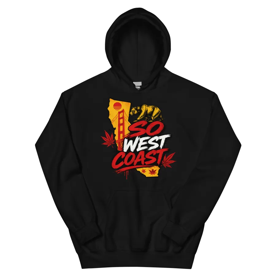 Golden State of Mind: So West Coast Heavyweight Hoodie: front of the black heavyweight hoodie showing the printed graphic