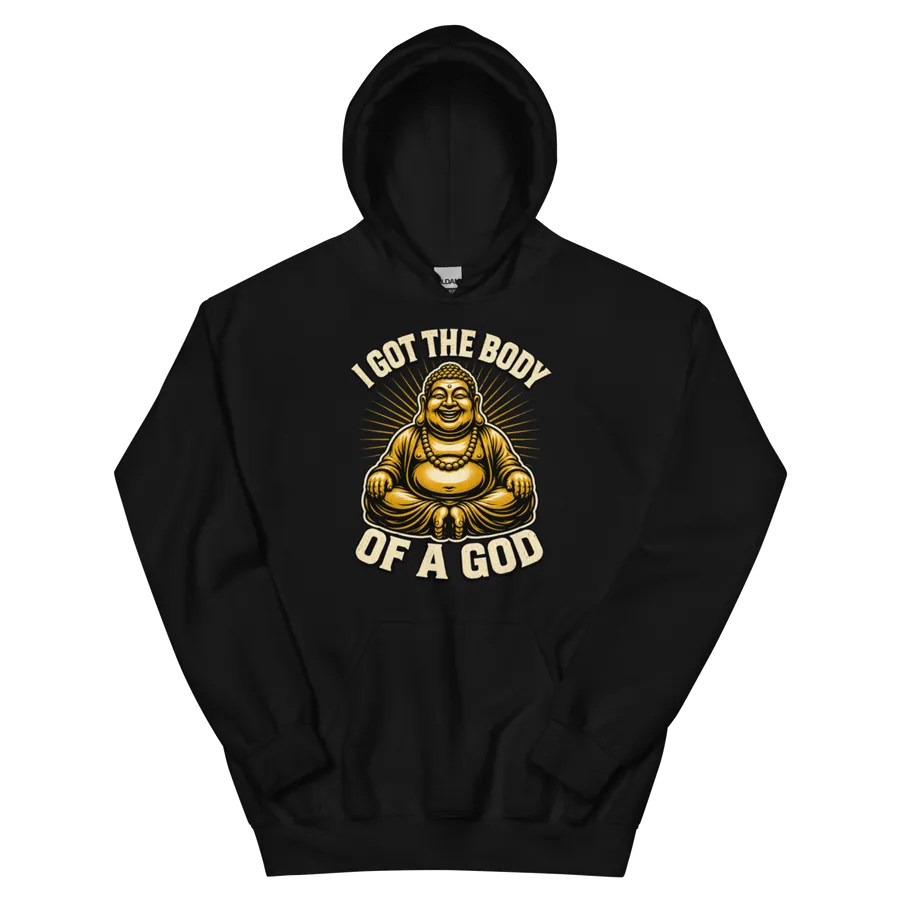 Body of a God: Buddha Heavyweight Hoodie: front of the black heavyweight hoodie showing the printed graphic
