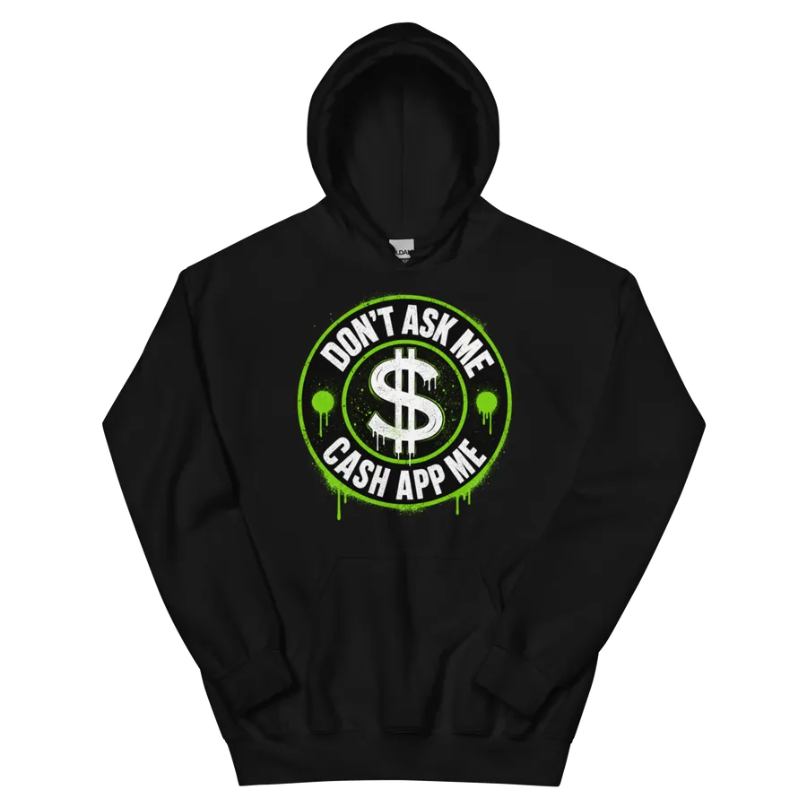 Cash App Me: Money Moves Heavyweight Hoodie: front of the black heavyweight hoodie showing the printed graphic