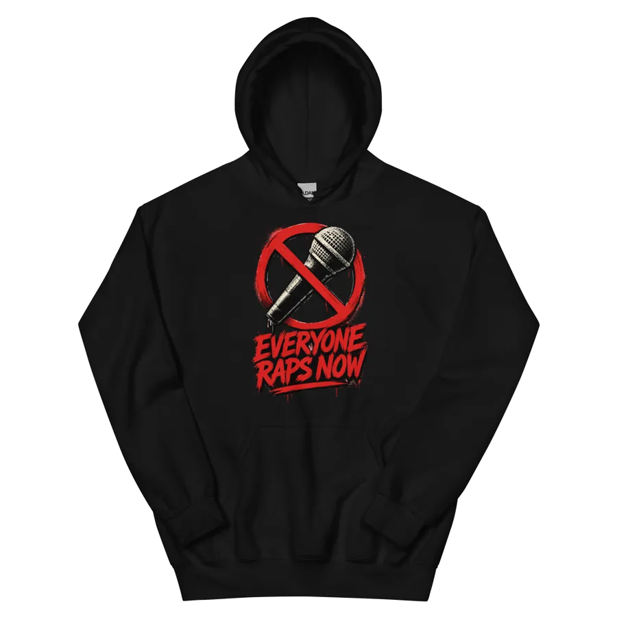 Everyone Raps Now: Heavyweight Hoodie: front of the black heavyweight hoodie showing the printed graphic