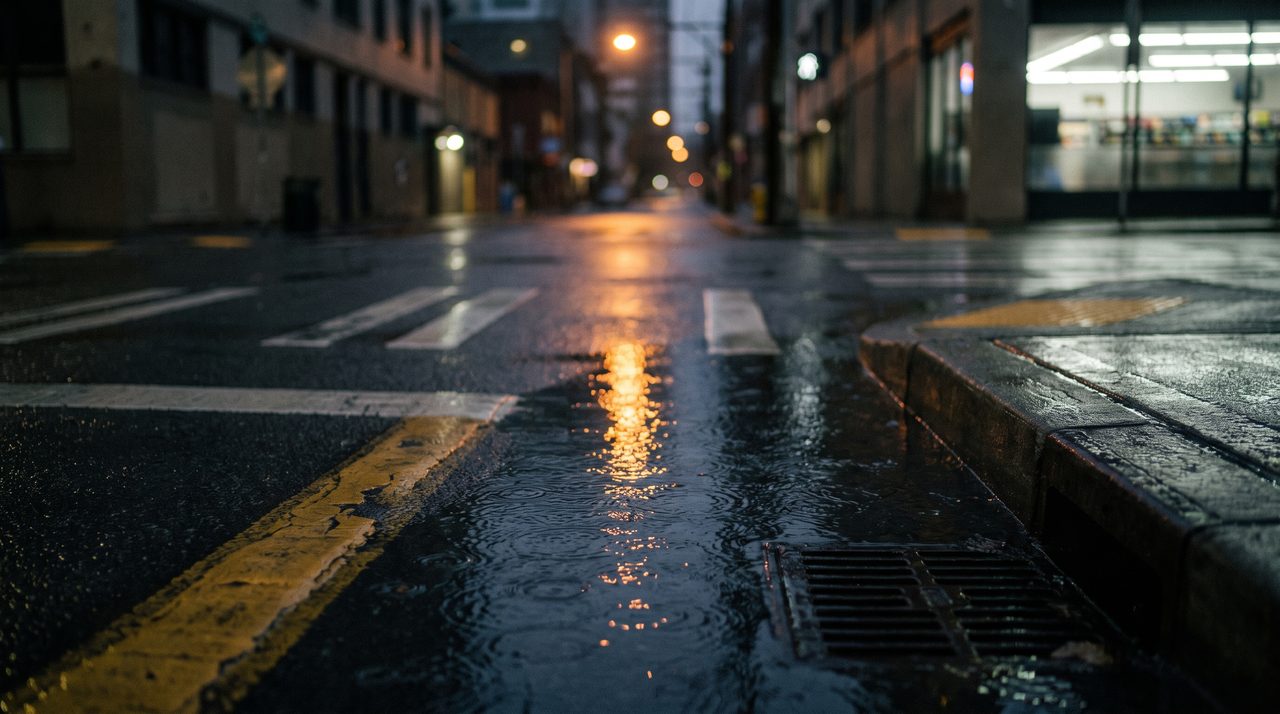 Rain on a wet Seattle side street at night, streetlight reflected in the pavement