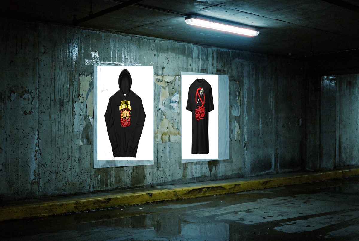 Two So North West posters wheat-pasted on a concrete parking-garage wall: the Game of Fades: Run Em All Heavyweight Hoodie and the Everyone Raps Now: Graphic Tee