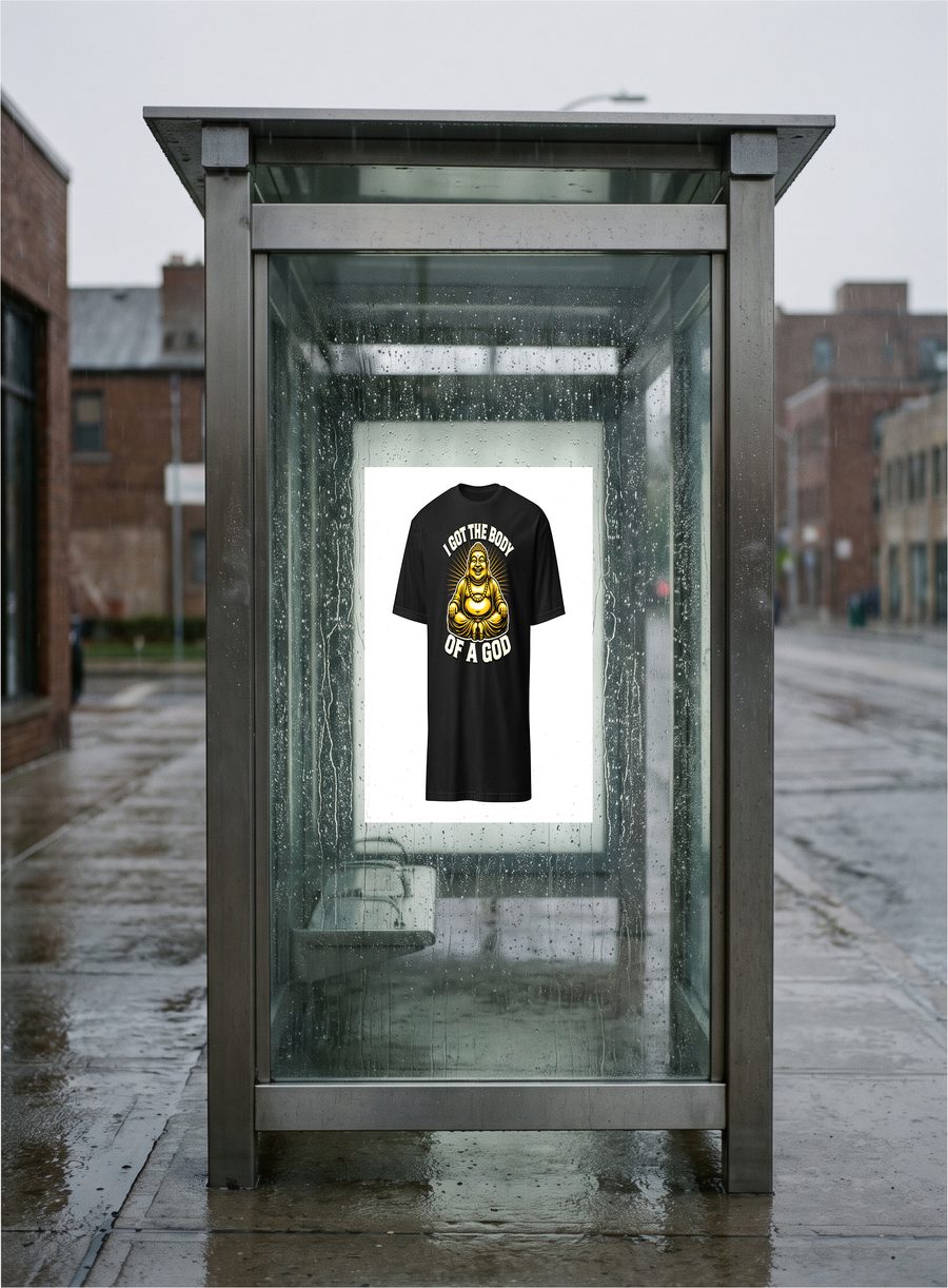 A city bus shelter in the rain with a So North West poster of the Body of a God: Buddha Graphic Tee in its ad panel